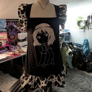 Handmade Black and White Graphic Dress with Ruffle Sleeves